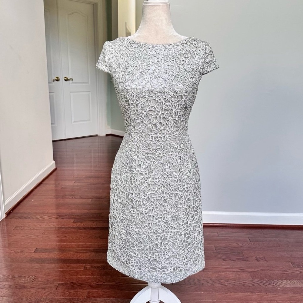 Simply Liliana Grey Metallic Glitter Unique Pattern Lace Cocktail Dress